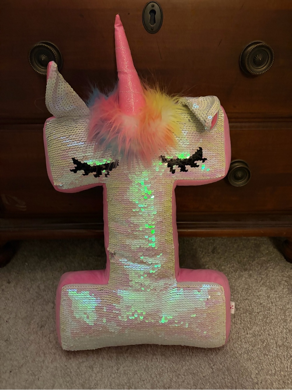 Justice Iridescent Pink Unicorn Letter Pillow